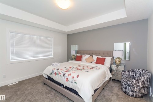 Spacious room featuring tray ceilings, neutral gray wall tones, a large window with white blinds, and plush carpeting - 15168 16 Street Nw, Edmonton, AB 