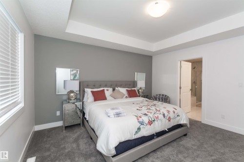Bedroom featuring a tray ceiling with flush mount lighting, a window with blinds, gray wall accent, and gray carpeting - 15168 16 Street Nw, Edmonton, AB 