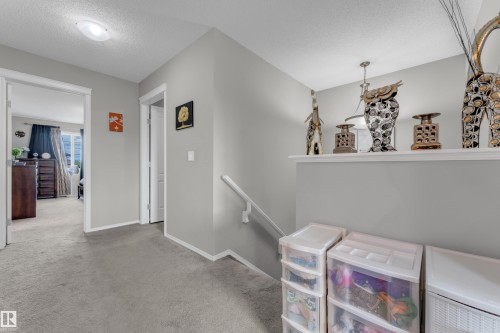 Upper-level landing featuring neutral carpet, light gray wall paint, white trim, and a white handrail - 1532 33B Street, Edmonton, AB 