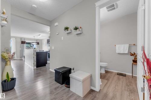 Open-concept living space featuring wood-finish flooring, a kitchen island with a patterned facade, and light gray wall paint - 1532 33B Street, Edmonton, AB 