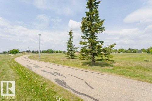 Paved pathway meandering through expansive green space featuring mature evergreen trees and distant residential structures - 71 11255 31 Avenue, Edmonton, AB - Outdoor With View
