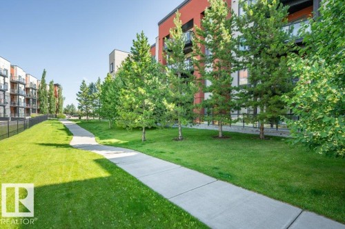 Landscaped grounds featuring a winding concrete pathway, mature evergreen trees, and a vibrant green lawn - 140 308 Ambleside Link Link, Edmonton, AB 