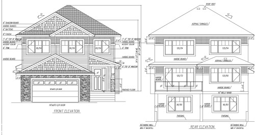 Architectural Drawing. Displaying the front and rear elevations of the property with material specifications - 130 Edgewater Circle, Leduc, AB 
