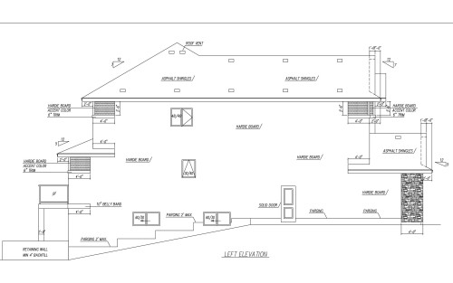 Architectural Drawing, Left Elevation. Illustrating exterior dimensions and material specifications for the property - 130 Edgewater Circle, Leduc, AB 