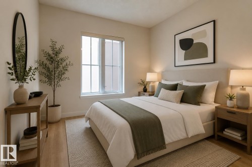 Hardwood-finish flooring featuring a window with white trim, a fabric upholstered headboard, and two wood-finish nightstands with built-in storage - 409 10333 112 Street, Edmonton, AB 