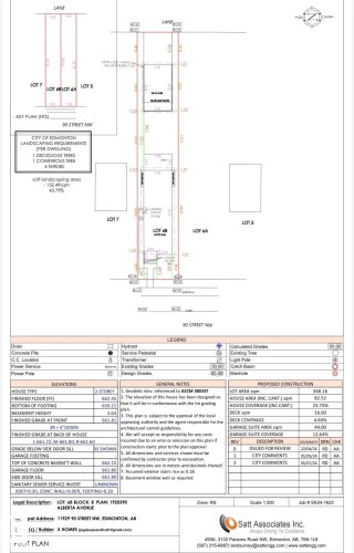 Plot Plan. Providing detailed property layout, elevations, general notes, and proposed construction details for the property - 11929 90 Street, Edmonton, AB 