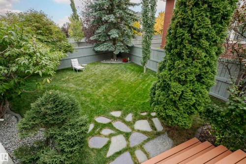 Expansive backyard featuring a lush lawn, mature trees, privacy fencing, natural stone patio pavers, and composite deck stairs - 116 Darlington Crescent, Edmonton, AB 