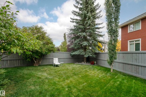 Expansive fenced backyard featuring a manicured lawn, established perimeter trees, and a privacy fence - 116 Darlington Crescent, Edmonton, AB 