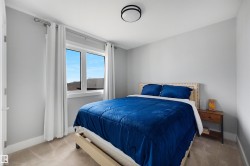 Bedroom featuring light gray walls, plush carpet flooring, and a flush-mount ceiling light - 