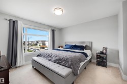 Bedroom featuring a large picture window, neutral carpeting, light gray wall paint, and a semi-flush mount ceiling light fixture - 