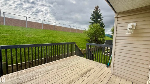 Outdoor wood-finish deck with black railings and steps leading to a lower level - 9 225 Blackburn Drive E, Edmonton, AB 