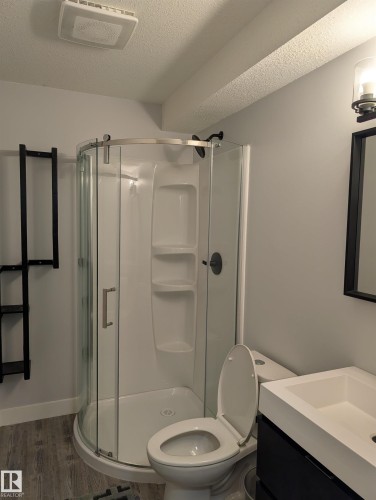 Curved glass shower enclosure with integrated shelving - 9240 224 Street Nw, Edmonton, AB - Indoor Photo Showing Bathroom