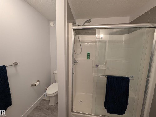 Contemporary shower enclosure with sliding glass door and chrome hardware - 9240 224 Street Nw, Edmonton, AB - Indoor Photo Showing Bathroom