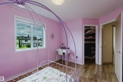 Room featuring wood-finish flooring, a double window, an open closet with shelving, and a modern ceiling light fixture - 