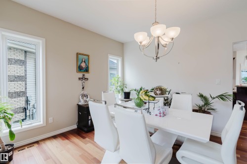 Dining area featuring wood-finish flooring, two windows with white trim, and a polished chrome chandelier with frosted glass shades - 20524 58 Avenue, Edmonton, AB 