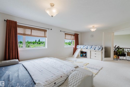 Spacious room featuring light-toned carpeting, two windows with woven shades and rust-toned drapes, and a built-in bed frame with integrated storage drawers - 20524 58 Avenue, Edmonton, AB 