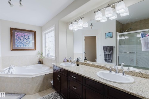 Spacious bathroom featuring a double vanity with an expansive countertop, dual undermount sinks, and dark wood cabinetry - 20524 58 Avenue, Edmonton, AB 