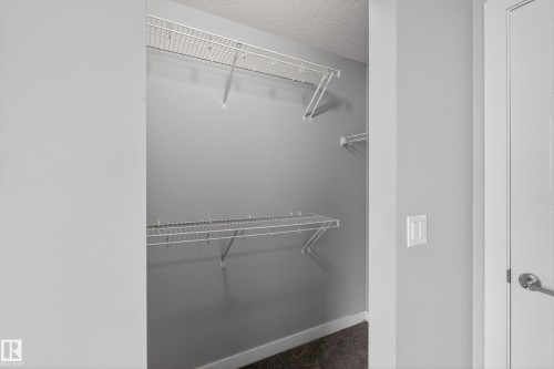 Walk-in closet featuring wire shelving, gray walls, and dark carpeting - 90 1010 Rabbitt Hill Road Sw, Edmonton, AB - Indoor With Storage