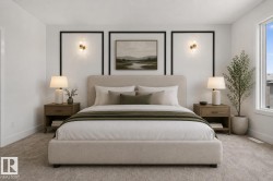 Carpeted bedroom featuring recessed lighting and a large window - 