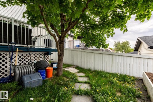 Side yard area featuring a mature tree, stepping stone pathway, and a white privacy fence - 2036 Towne Centre Boulevard, Edmonton, AB - Outdoor