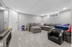 Recessed lighting illuminating a spacious carpeted area with neutral gray walls, a drop ceiling, and a single horizontal window - 