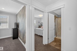 Hallway featuring textured wood-finish accent wall, crown molding, and recessed lighting - 
