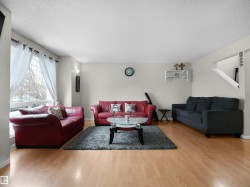 Living area featuring light wood-finish flooring, a large picture window with white sheer curtains, and light neutral wall tones - 