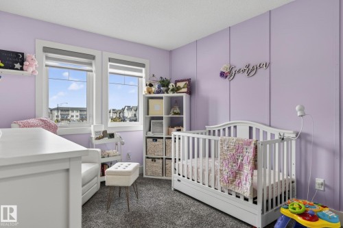 Room featuring two large windows with white trim, board and batten accent wall, textured grey carpeting, and a built-in shelving unit - 17733 64A Street, Edmonton, AB 