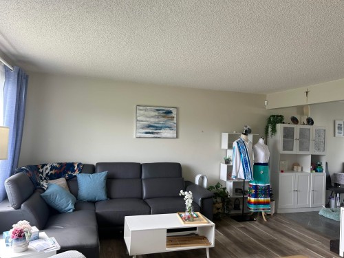 Living area with wood-finish flooring, light-colored walls, and a textured ceiling - 10924 30 Street, Edmonton, AB 