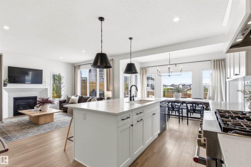 2243 Donaghey Way, Edmonton, AB - Indoor Photo Showing Kitchen With Fireplace With Upgraded Kitchen