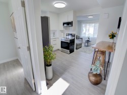 Open-concept kitchen featuring white cabinetry, stainless steel appliances, and light wood-finish flooring - 