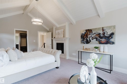 Vaulted ceiling with exposed wood beams and white-washed finish - 3435 Keswick Boulevard, Edmonton, AB 