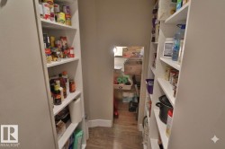 Walk-in pantry featuring extensive built-in shelving, wood-finish flooring, and light-toned walls - 