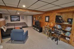 Recreational room featuring wood-paneled accent walls, integrated wood shelving, recessed lighting, carpet flooring, and a drop ceiling - 