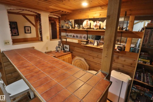 Tiled countertop bar with wood-paneled walls and a wood-plank ceiling - 42 Alpaugh Crst, Leduc, AB 