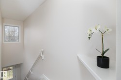Stairwell with neutral wall paint and a gridded window - 