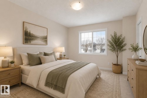 Carpeted bedroom featuring a large window with grid pattern, neutral wall paint, and a ceiling-mounted light fixture - 55 14603 Miller Boulevard, Edmonton, AB 