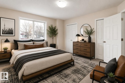 Bedroom featuring a large window, neutral wall paint, and overhead lighting - 55 14603 Miller Boulevard, Edmonton, AB 