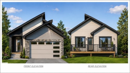 Modern architectural design featuring a prominent angular roofline, a front-facing garage with frosted glass panels, and a rear deck with black railings overlooking a green lawn - 1092 Starling Drive, Edmonton, AB 