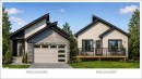 Modern architectural design featuring a prominent angular roofline, a front-facing garage with frosted glass panels, and a rear deck with black railings overlooking a green lawn - 1092 Starling Drive, Edmonton, AB 