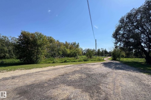 Gravel driveway surrounded by mature trees, expansive green spaces, and partial fencing - 3054 28 Avenue, Edmonton, AB 