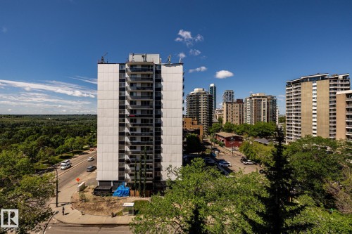 Stunning river valley views from the outdoor balcony, with the U of A visible across the river - 807 10011 116 Street, Edmonton, AB 