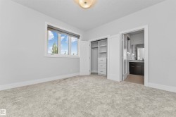 Spacious room with plush carpet flooring, a large window, and a built-in closet system - 