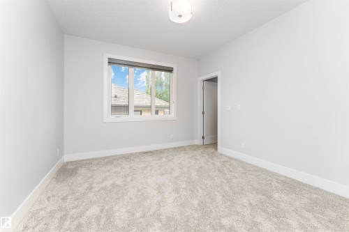 Neutral-toned room featuring light gray carpeting, white baseboards, and a white ceiling with a flush-mount light fixture - 3310 Watson Bay, Edmonton, AB 