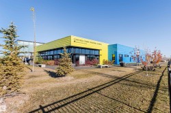Contemporary architectural design featuring a vibrant yellow facade with extensive dark-framed windows, alongside a complementary blue section - 