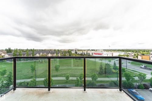 Outdoor balcony with glass railing and black metal frame, overlooking a green space with mature trees - 505 1230 Windermere Way, Edmonton, AB 
