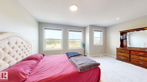 Neutral-toned bedroom featuring three windows, recessed lighting, and soft gray carpeting - 607 31 Avenue, Edmonton, AB 