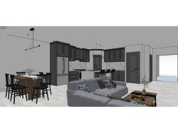 Open-concept living space featuring wood-finish flooring - 