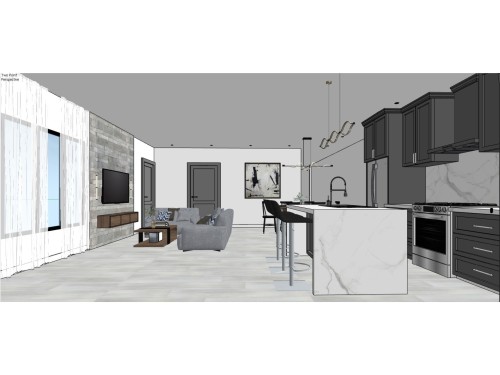 Architectural Rendering. Illustrating an interior layout with integrated living and kitchen areas - 10919 106 Ave, Westlock, AB 
