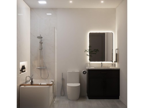 Contemporary bathroom featuring a dark wood vanity with a light stone countertop, a backlit mirror, and a sleek white toilet - 10919 106 Ave, Westlock, AB 